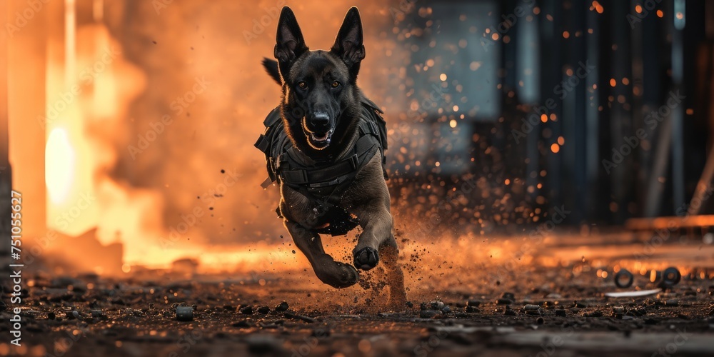 German shepherd dog army in action on the background of fire. - obrazy, fototapety, plakaty 