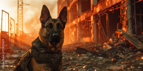 German shepherd dog army in action on the background of fire.