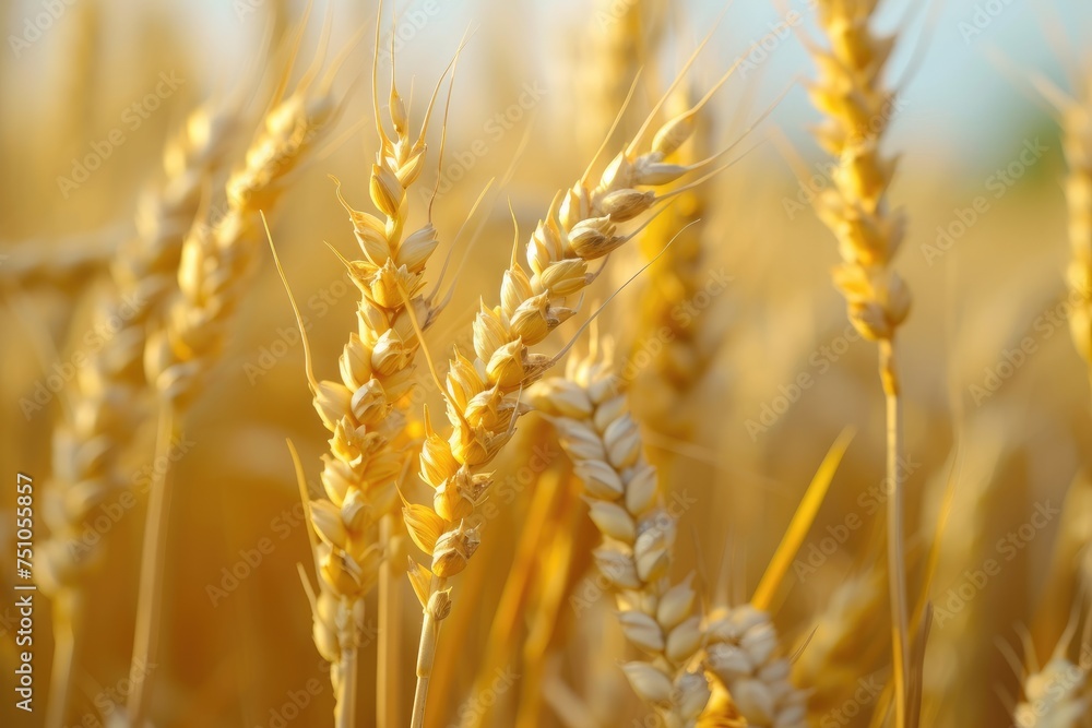 Close up of wheat ears in sunny field of wheat in a summer or autumn day. Harvesting period Close up of wheat ears in sunny field of wheat in a summer or autumn day. Harvesting period