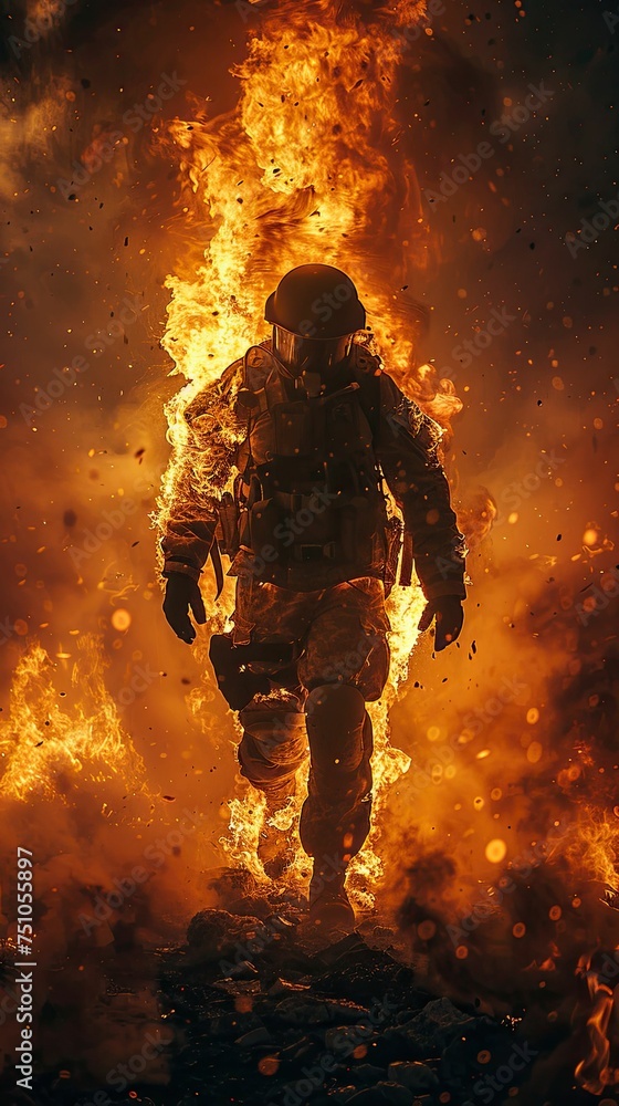 Soldier walking through intense flames Soldier walking through intense flames