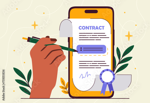 Hand signing contract concept. Character with pen near smartphone. Electronic display and digital agreement or document. Cartoon flat vector illustration isolated on white background