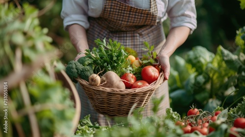 Woman is harvesting vegetables in her garden