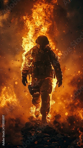 Soldier walking through intense flames