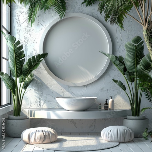 A modern bathroom setup with lush greenery and round mirror