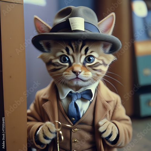 Show me a kitten dressed up as a detective, 35mm film - generated by ai