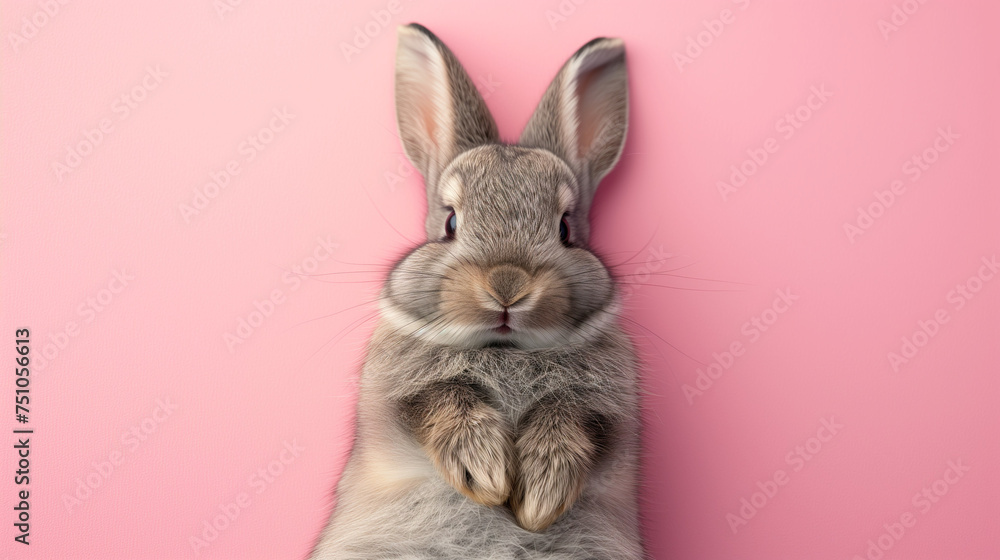 Obraz premium A cute gray rabbit or bunny relaxes comfortably, captured against a soothing pink backdrop. Easter theme, banner, copy space.