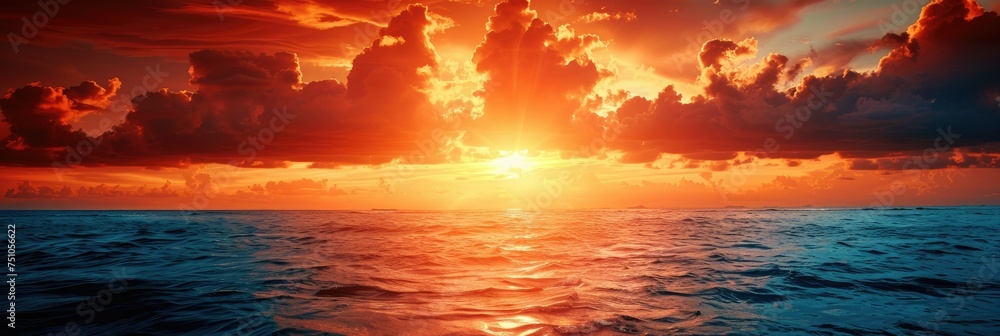 Breathtaking ocean sunset landscape view - This captivating image showcases a serene sunset over the ocean, with vibrant hues of orange and blue dominating the sky and reflecting on the water's surfac