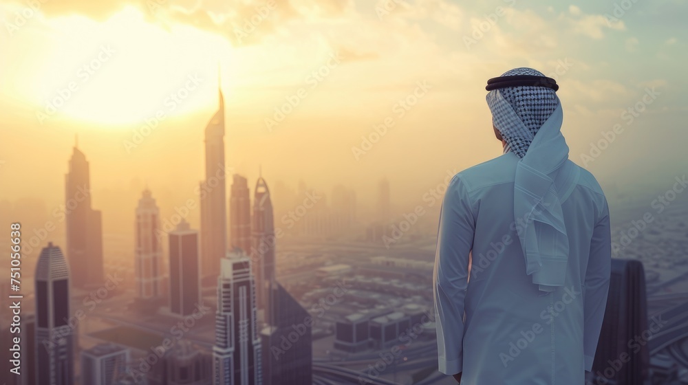 Arab businessman standing on top of a skyscraper overlooking the city Arab businessman standing on top of a skyscraper overlooking the city