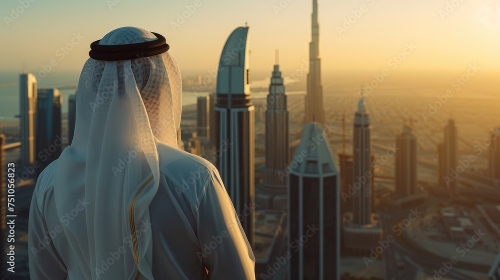Arab businessman standing on top of a skyscraper overlooking the city - obrazy, fototapety, plakaty 
