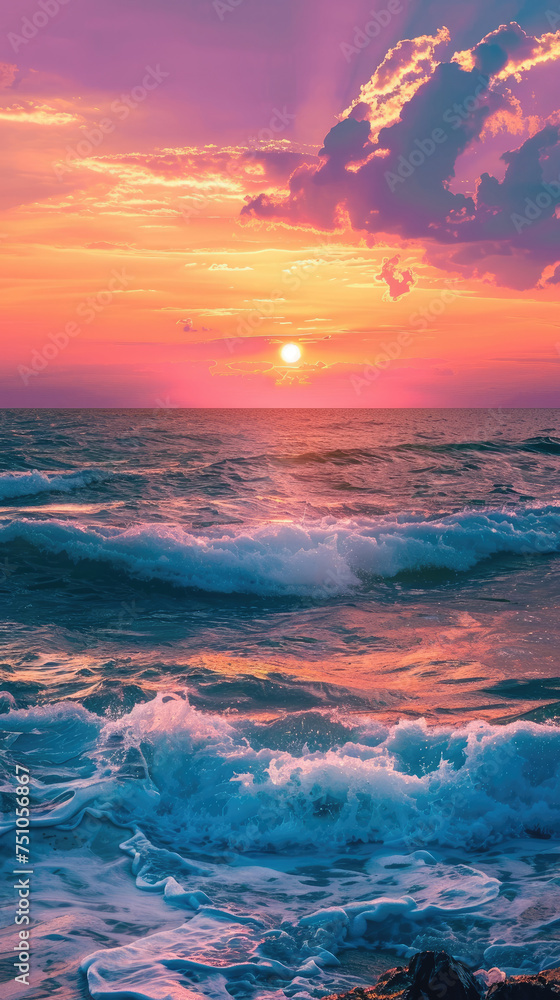 Sunset over rough ocean waves and rocks - An intense sunset scene over a turbulent ocean, with waves crashing against rocks under a cloud-filled pink and orange sky Sunset over rough ocean waves and rocks - An intense sunset scene over a turbulent ocean, with waves crashing against rocks under a cloud-filled pink and orange sky