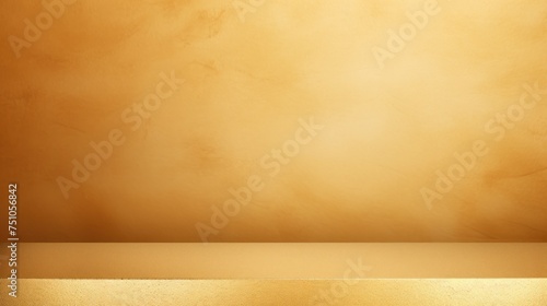 A smooth golden surface with a soft, diffuse glow provides a perfect setup for showcasing objects. Banner, copy space. Luxury product advertisement. photo
