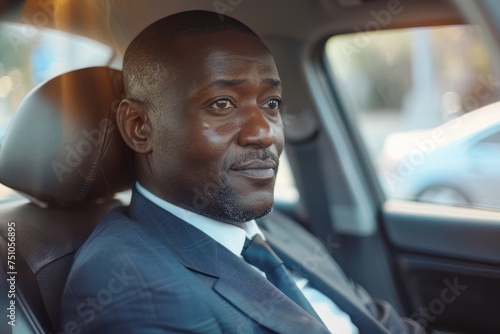african businessman in a suit and tie sits in the back seat of a car, looking out the window 