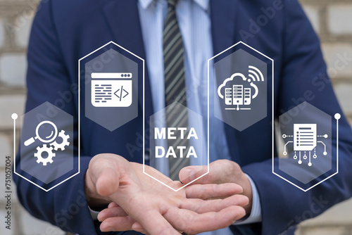 Developer using virtual interface sees text: METADATA. Concept of metadata web program coding. SEO Meta Data Optimization technology.
