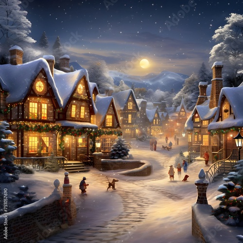 Digital painting of a winter night in the village, Christmas and New Year.