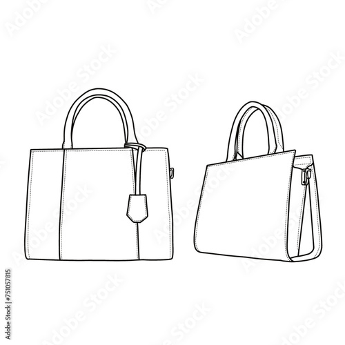 Top handle bag vector illustration flat outline template. Crossbody women's bag. Front, back, and side view. Vector illustration of top handle bag icon line isolated on a white background