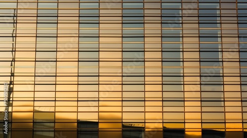 Warm hues of a sunset bathe the glass facade of a high-rise, showcasing urban serenity. Golden background, wallpaper.