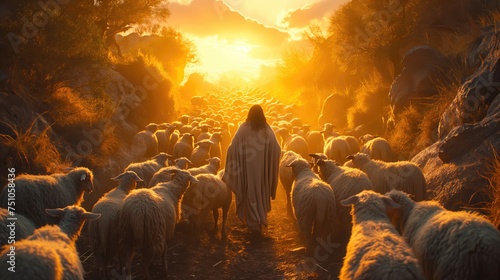 a shepherd guiding his flock of sheep. Created with Generative AI. photo