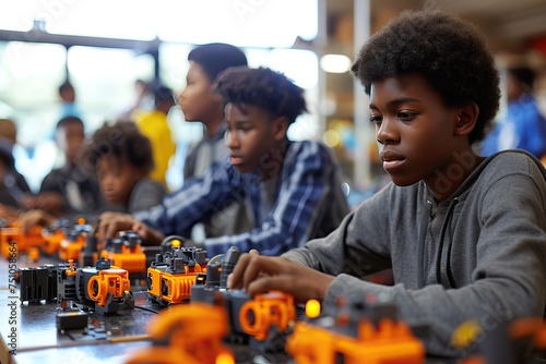 Group of african american students building and programming electric toys and robots at robotics classroom
