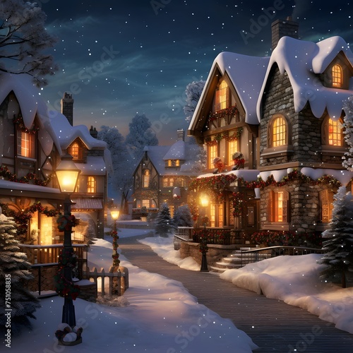 Beautiful wooden houses in the village on a winter night. 3d rendering