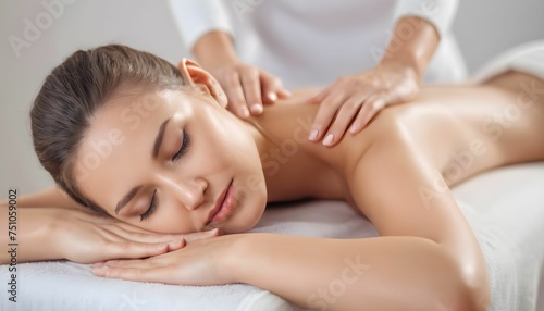 woman receiving a back massage Close-up of a beautiful young woman with closed eyes relaxing on massage spa treatment on a blurred bright salon background with copy space created with generative ai 