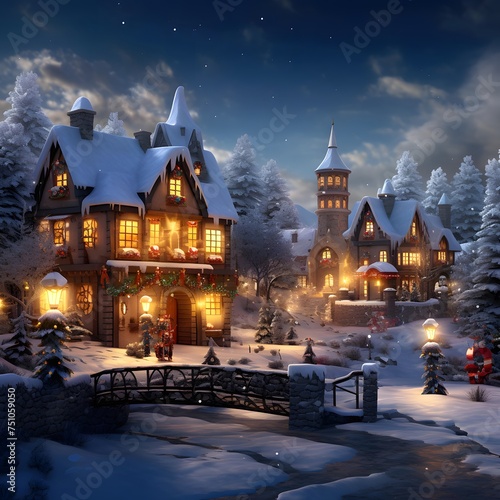 Winter night in the village. Christmas and New Year concept. 3d rendering © Iman