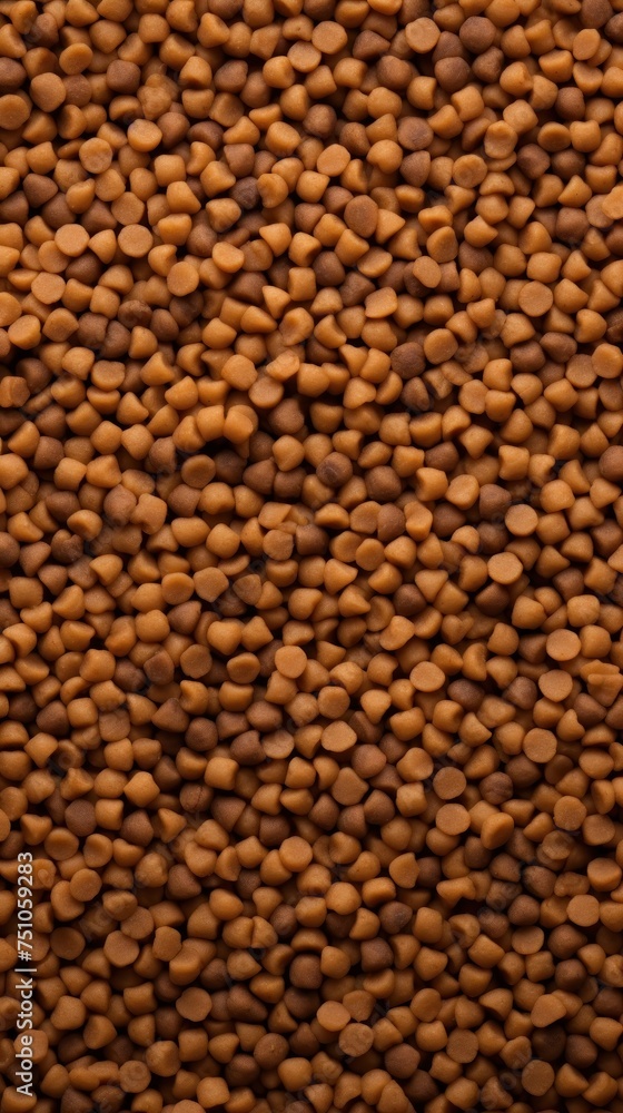 A close-up view of a variety of dog food, showcasing different shapes, sizes, and colors of kibble. Flat lay, wallpaper.