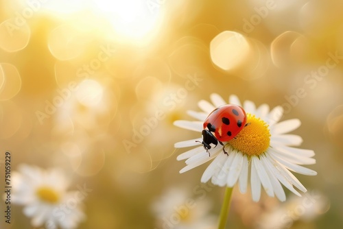 Ladybug on the chamomiles flower, spring background