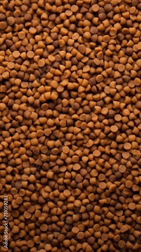 A close-up view of a variety of dog food, showcasing different shapes, sizes, and colors of kibble. Flat lay, wallpaper.