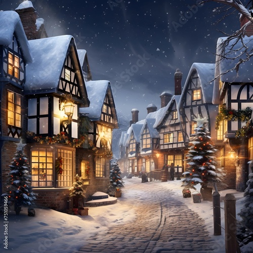 Snowy street in a small European village at night. Christmas scene.