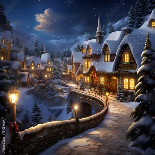Winter village at night with snow and starry sky. 3d rendering photo