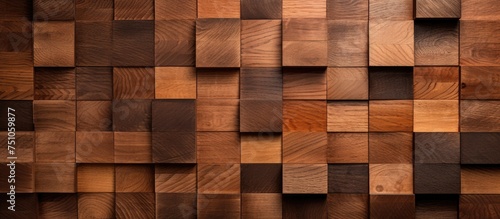 A wooden wall adorned with a variety of differently shaped wooden squares, creating a visually captivating pattern.