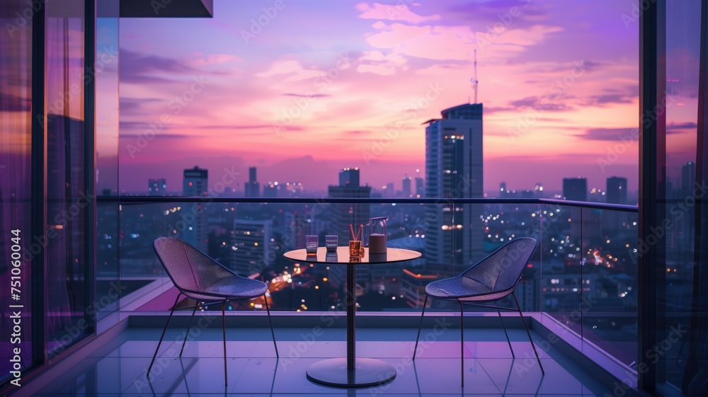 A serene cityscape view from a balcony at dusk with a table set for two - obrazy, fototapety, plakaty 