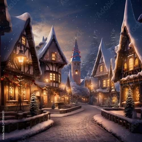 Christmas and New Year holidays background. Christmas street in the old town at night. © Iman