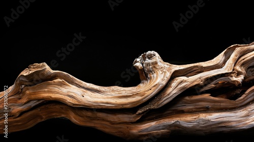 A dramatic piece of driftwood emerges against a stark black background photo