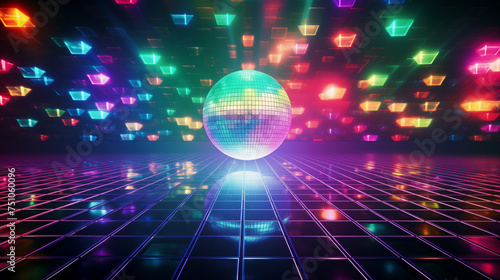 A disco ball hanging in the middle of a tiled floor, reflecting colorful neon lights in a dimly lit room