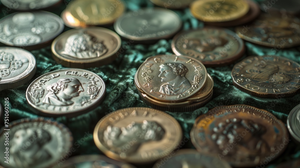 Assorted coins on a rich green fabric Assorted coins on a rich green fabric