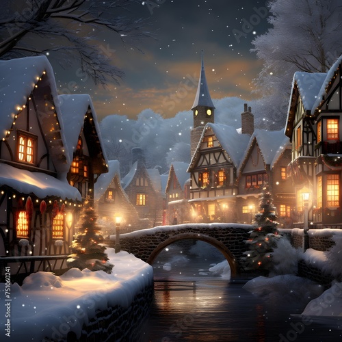 Winter village in the snow. Christmas background. Christmas and New Year.