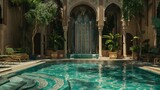 A high-definition snapshot of a private oasis, an extravagant pool adorned with mosaic tiles and cascading water features