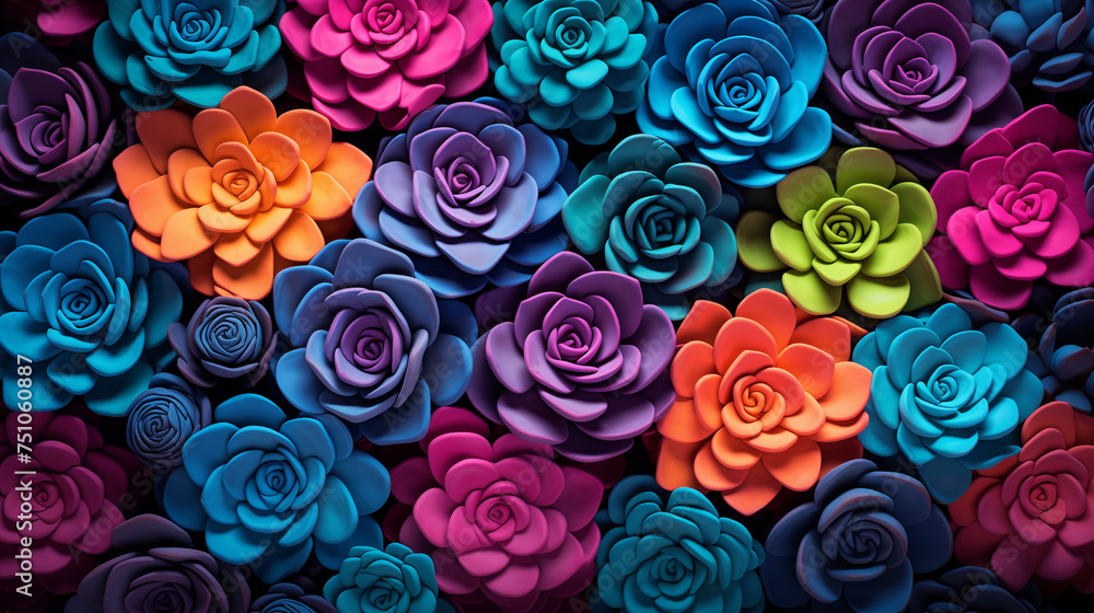 Vibrant Succulent Collection Illuminated by Colorful Lights in a Dark Setting. Black background. Vibrant Succulent Collection Illuminated by Colorful Lights in a Dark Setting. Black background.