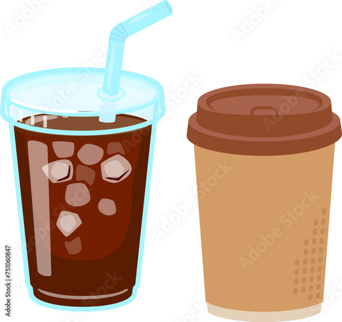 使い捨てカップ入りのアイスコーヒーとホットコーヒー