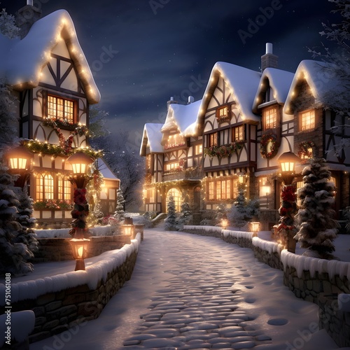 A beautiful shot of a Christmas scene in the village at night.