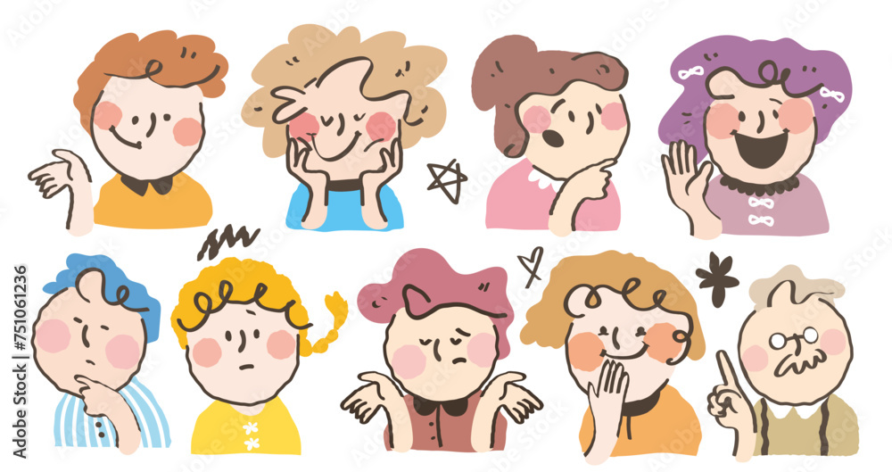 Hand drawn style stylish character avatar. Colorful crayon drawn people profile with variety facial emotions. Set of out line style kids face expression. Flat abstract line drawing style head vector. Hand drawn style stylish character avatar. Colorful crayon drawn people profile with variety facial emotions. Set of out line style kids face expression. Flat abstract line drawing style head vector.