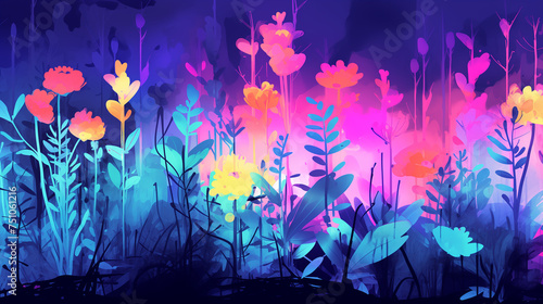 A vibrant painting depicting a variety of colorful flowers blooming in a field  neon color  background