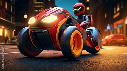 A sleek advanced robot on a motorcycle its design inspired by vintage toys racing through a neonlit city 3D renderadorable