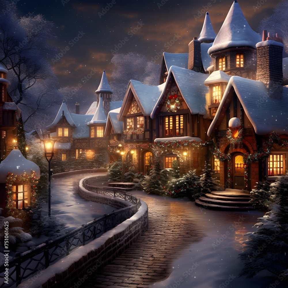 Winter landscape with a small village in the snow. Christmas fairy tale. - obrazy, fototapety, plakaty 