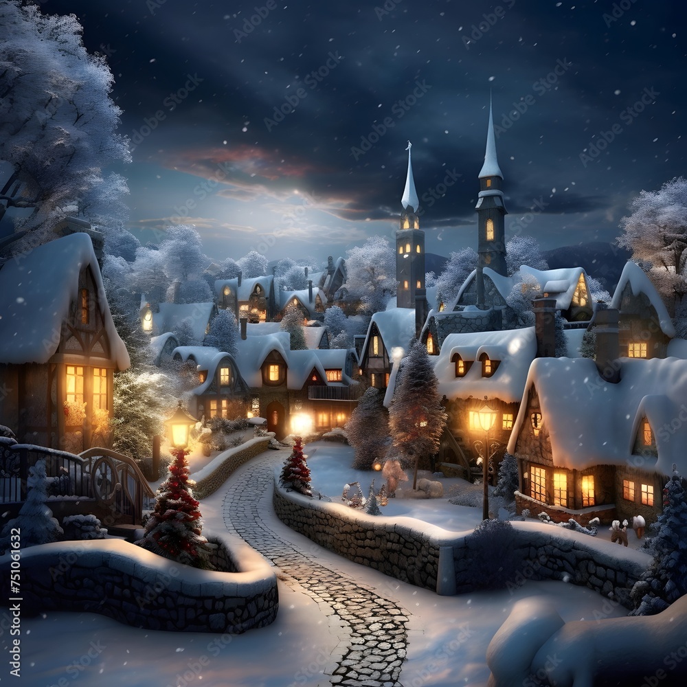 Winter village at night in the moonlight. 3d illustration.