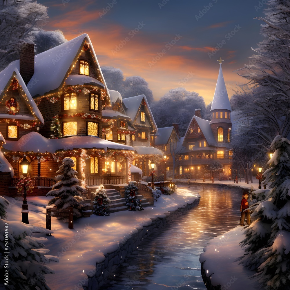 Winter night in a small village with houses on the banks of the river.