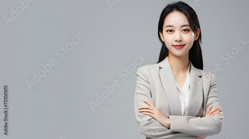 A businesswoman is standing with an elegant and charming face, the woman is standing on the right of the frame, an empty space on the left, the background is gray