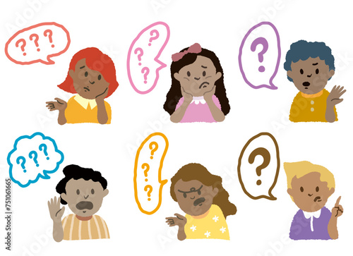Hand drawn black young people avatars of characters confuse speech bubble with question mark. Vector African profile chat balloon with question. Variety Black kids school student avatar collection.