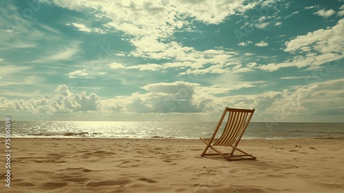A lone beach chair resting in the warm sand, facing the vastness of the open sea and the clear, cloud-kissed sky. © Shakeel,s Graphics